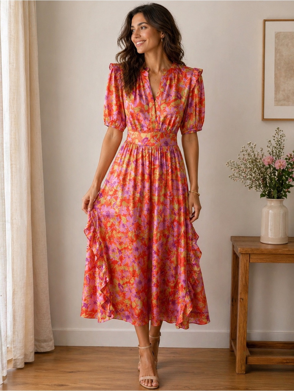 NWT Current Air Floral Satin Midi Dress Size M Pink Orange Ruffle Sleeve
